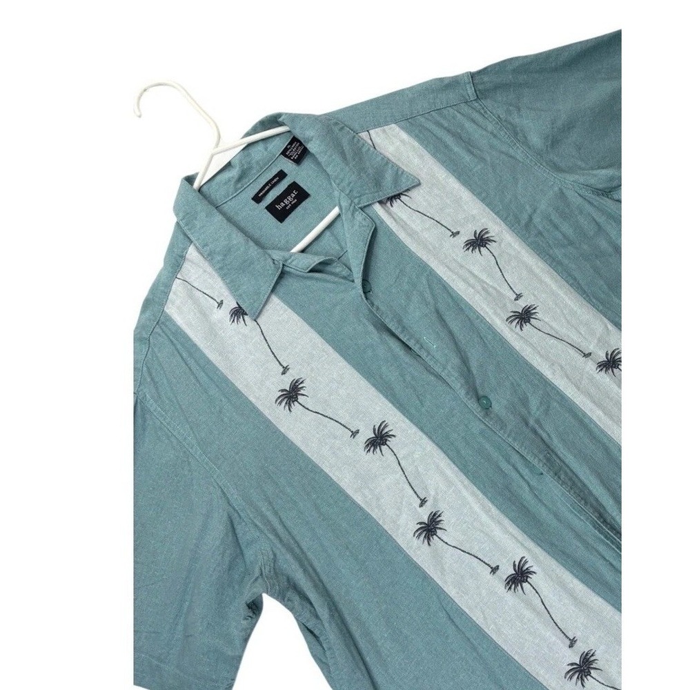Haggar Shirt Mens XL Green Linen Blend Short Sleeve Palm Tree Tropical Camp Top